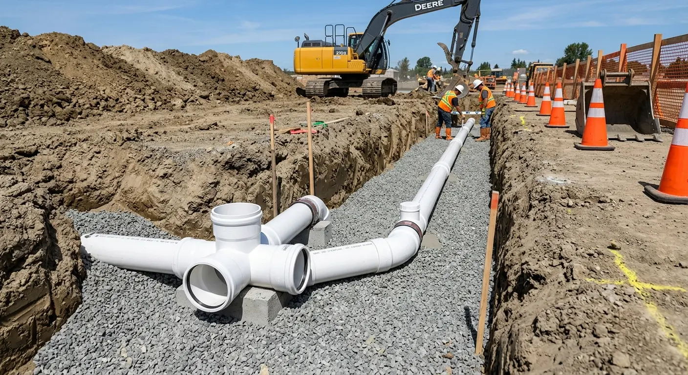 New PVC sewer pipe installation in open trench for Sewer Backup in Vineyard