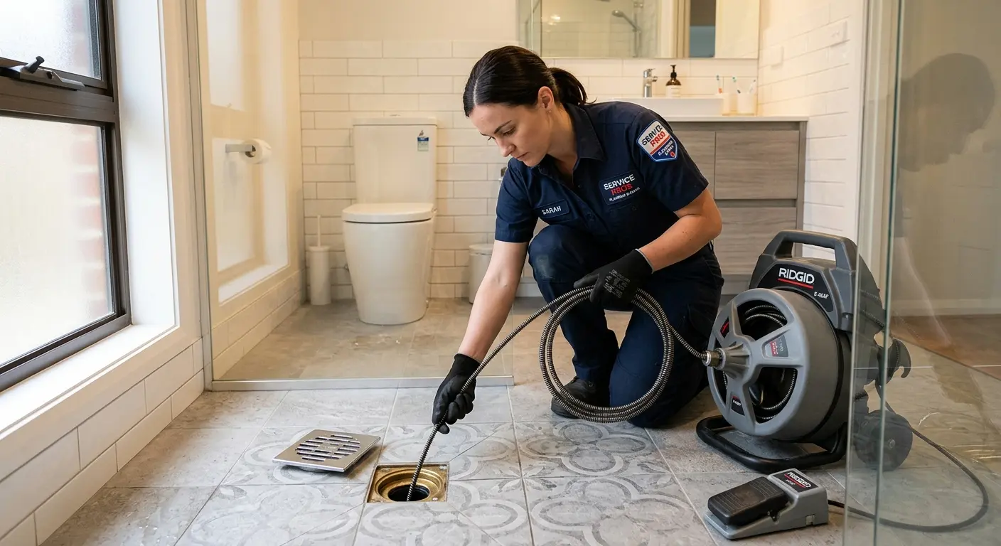Technician clearing a bathroom floor drain for Sewer Line Replacement in Vineyard